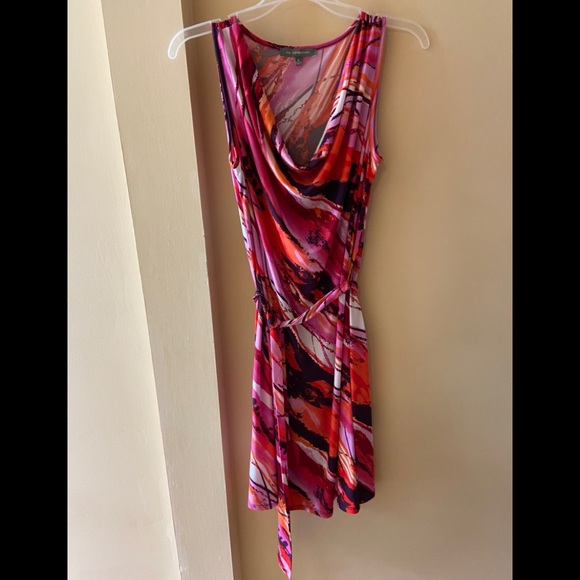 Orange & pink dress with cowl neck and belt - Picture 1 of 3